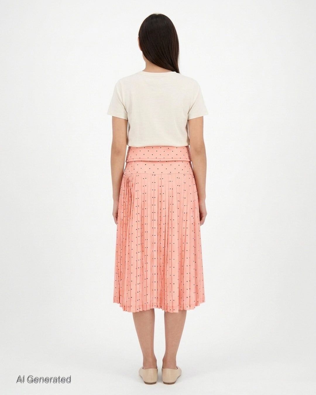 Ashley Williams peach pleated midi skirt with navy polka dots and a padded fold-over belt waistband - back