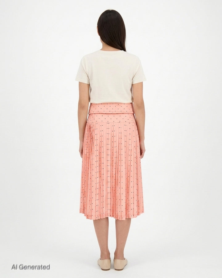 Ashley Williams peach pleated midi skirt with navy polka dots and a padded fold-over belt waistband - back