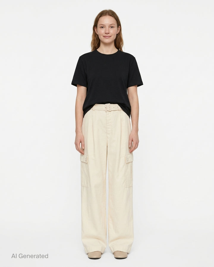 Cream belted wide-leg cargo pants with pleated front and button-flap side pockets - front