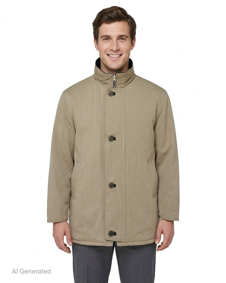 Auralee reversible wool twisted twill coat in beige with stand collar, button front and black leather reverse visible at the collar - front