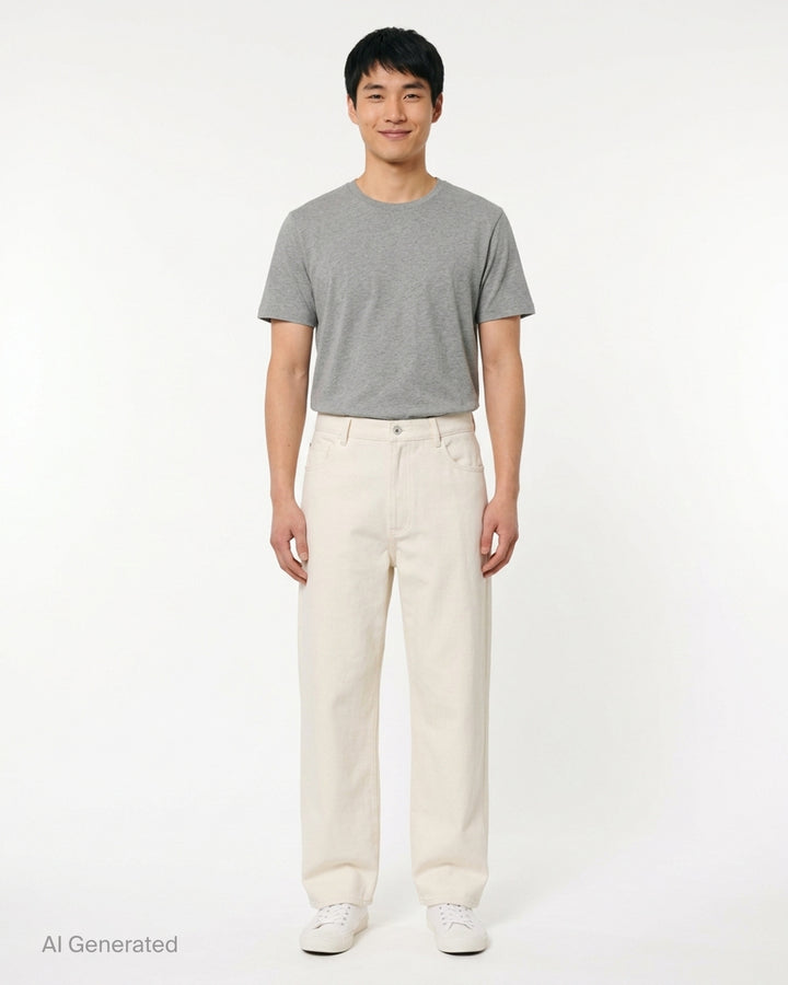 Auralee silk nep denim five-pocket wide pants in flecked dark indigo, shown front view - front