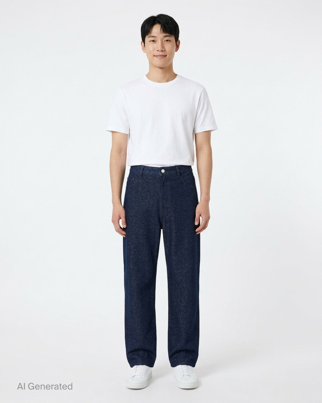 Auralee silk nep denim five-pocket wide pants in flecked dark indigo, shown front view - front