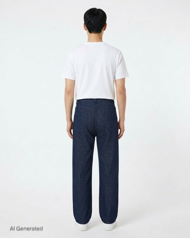 Auralee silk nep denim five-pocket wide pants in flecked dark indigo, shown front view - back
