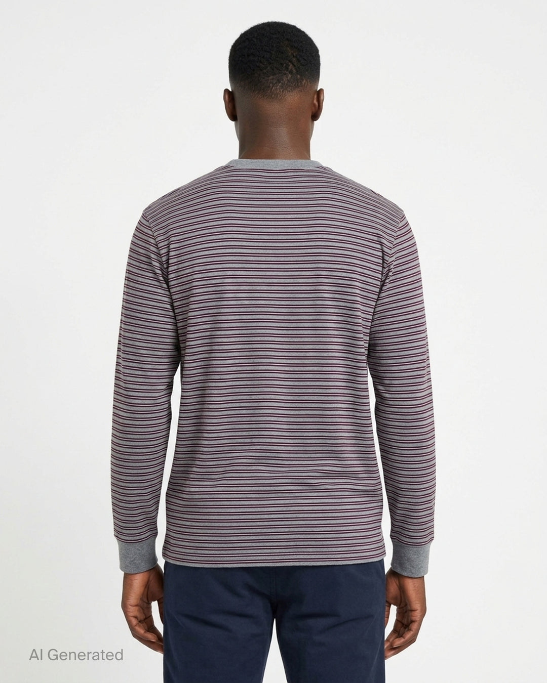 Auralee soft smooth wool stripe long sleeve tee in heather grey with fine plum and white stripes, shown flat from the front - back