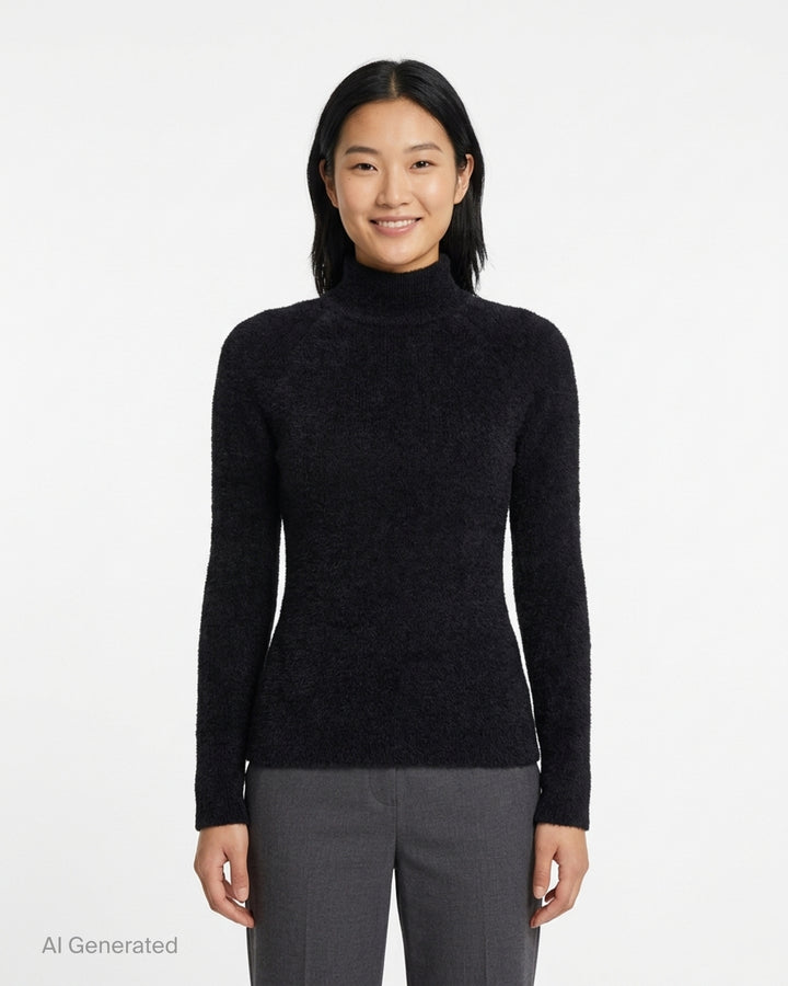 Balmain black fluffy ribbed viscose knit turtleneck with structured shoulders and long sleeves, shown from the front - front