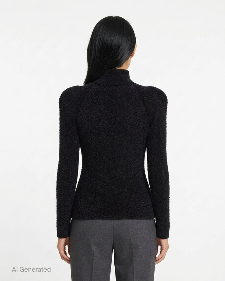 Balmain black fluffy ribbed viscose knit turtleneck with structured shoulders and long sleeves, shown from the front - back