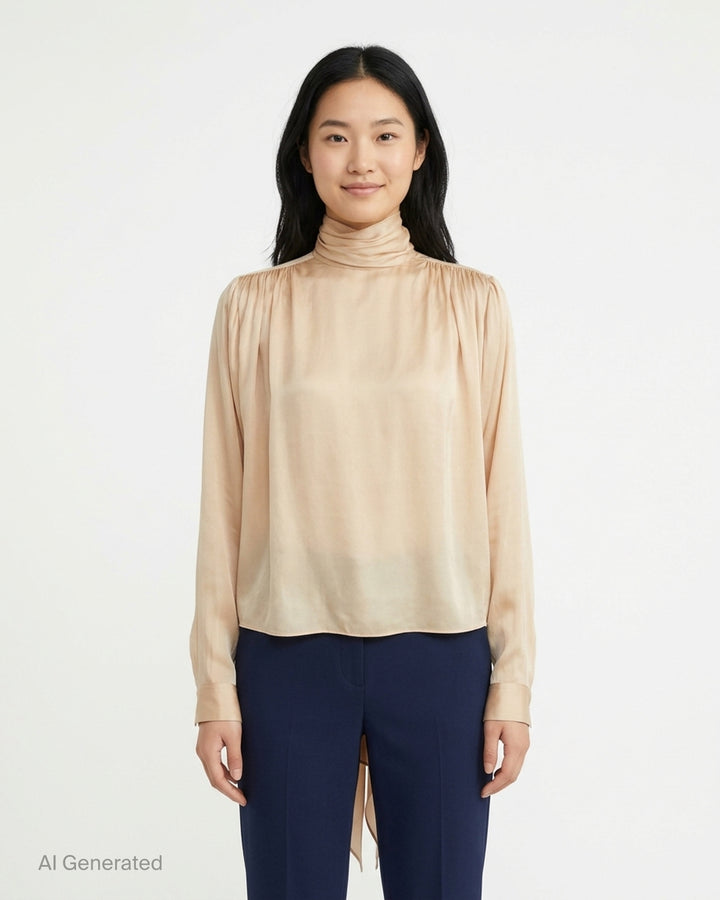 Balmain long sleeve silk charmeuse blouse in a soft blush tone with a draped high neck, gathered shoulders and a tie-back bow - front