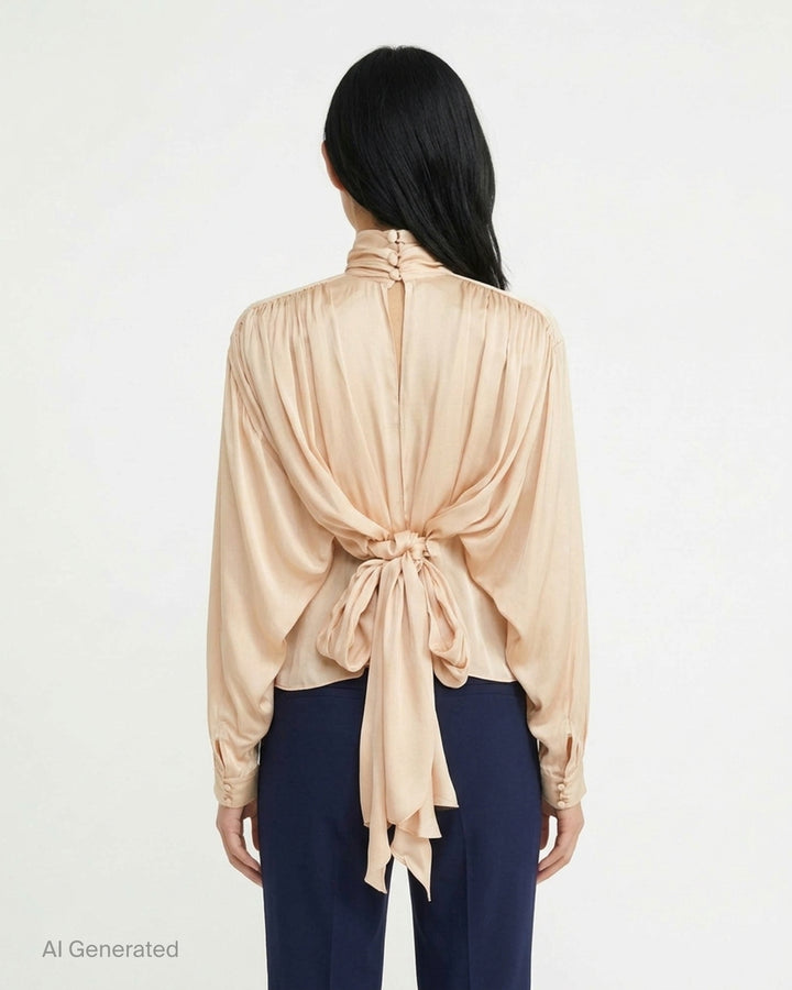 Balmain long sleeve silk charmeuse blouse in a soft blush tone with a draped high neck, gathered shoulders and a tie-back bow - back