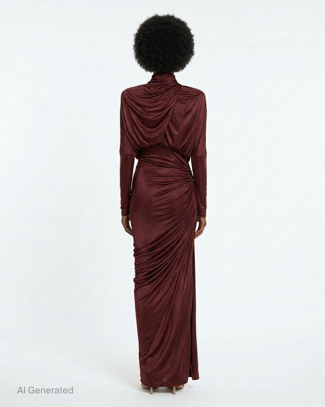 Balmain burgundy viscose jersey maxi dress with a draped cowl neckline, high collar with gold-tone hardware, long sleeves, and a ruched asymmetric skirt - back