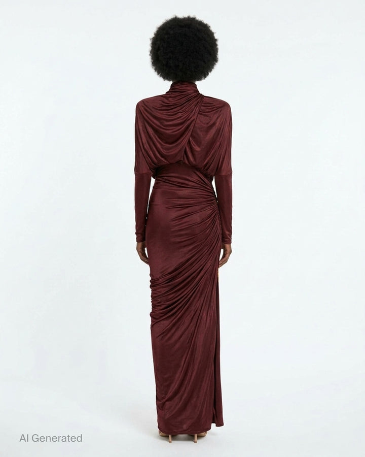 Balmain burgundy viscose jersey maxi dress with a draped cowl neckline, high collar with gold-tone hardware, long sleeves, and a ruched asymmetric skirt - back