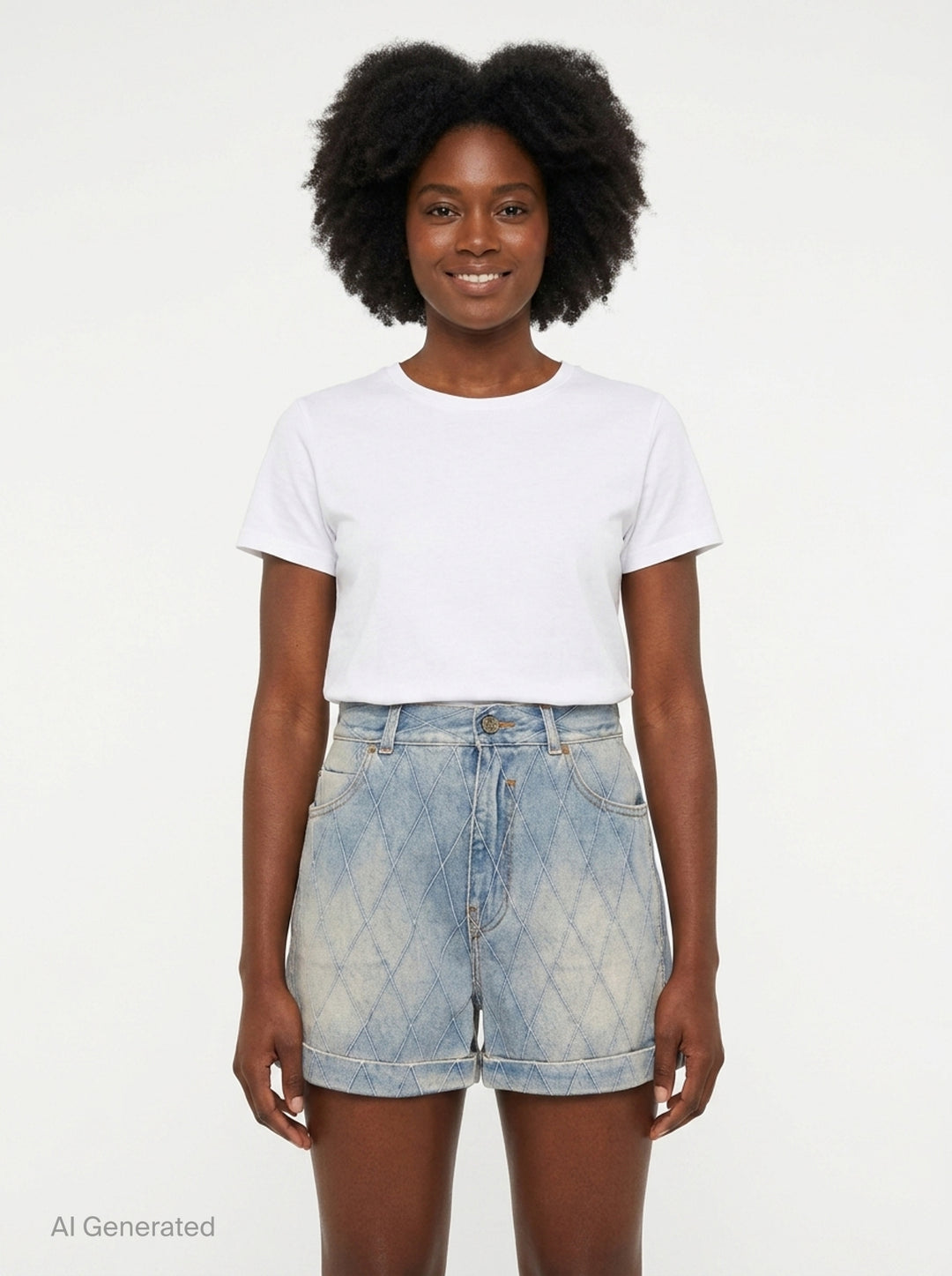 Balmain light blue acid-wash denim shorts with allover diamond quilted stitching, rolled cuffs, five-pocket design, and gold-tone logo button closure - front
