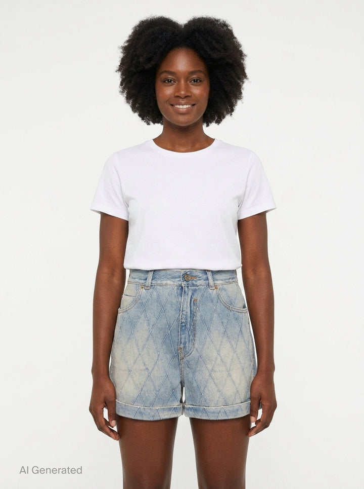 Balmain light blue acid-wash denim shorts with allover diamond quilted stitching, rolled cuffs, five-pocket design, and gold-tone logo button closure - front
