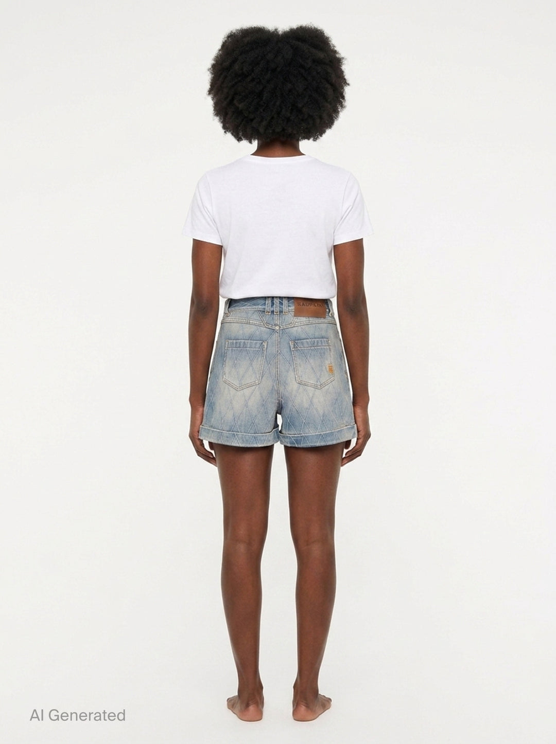 Balmain light blue acid-wash denim shorts with allover diamond quilted stitching, rolled cuffs, five-pocket design, and gold-tone logo button closure - back