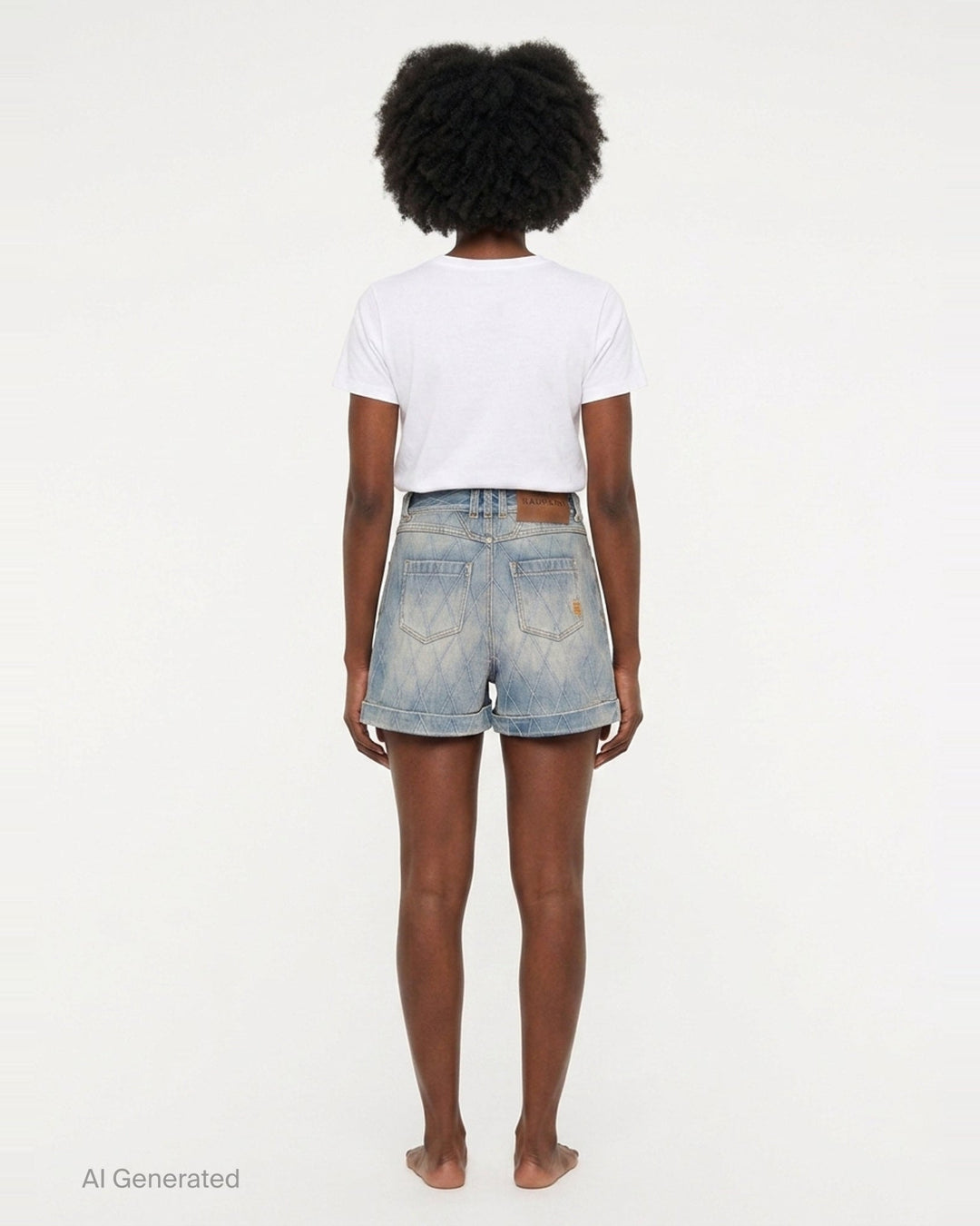 Balmain light blue acid-wash denim shorts with allover diamond quilted stitching, rolled cuffs, five-pocket design, and gold-tone logo button closure - back
