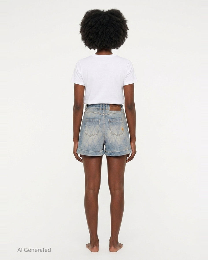 Balmain light blue acid-wash denim shorts with allover diamond quilted stitching, rolled cuffs, five-pocket design, and gold-tone logo button closure - back