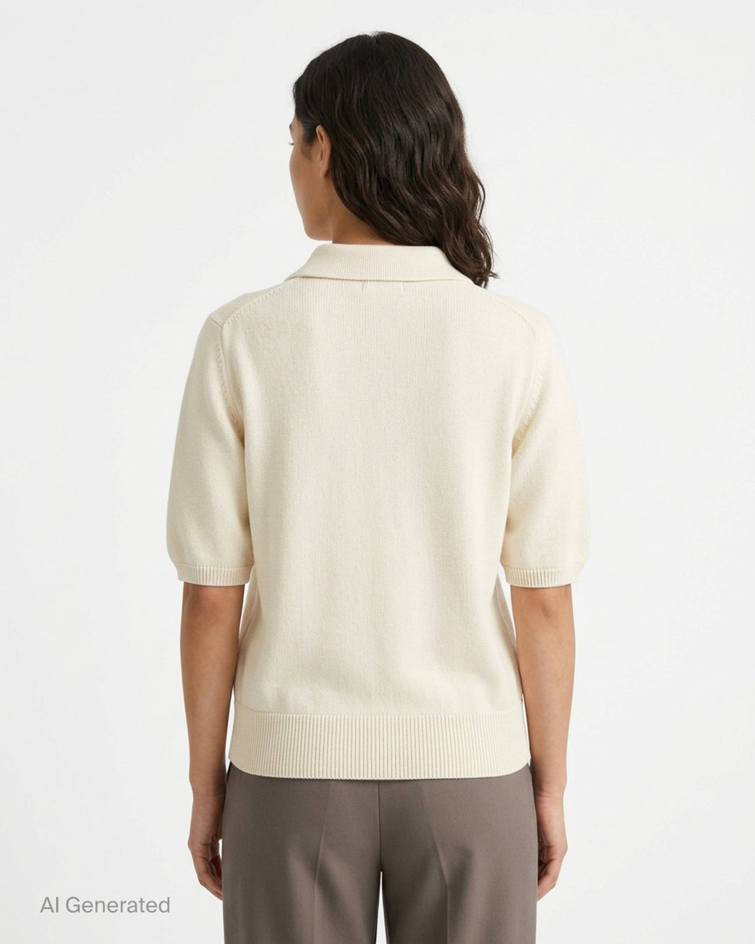 Balmain short sleeve cashmere knit polo in cream with a ribbed collar and three gold-tone embossed buttons - back