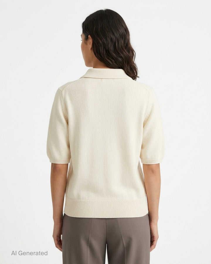Balmain short sleeve cashmere knit polo in cream with a ribbed collar and three gold-tone embossed buttons - back