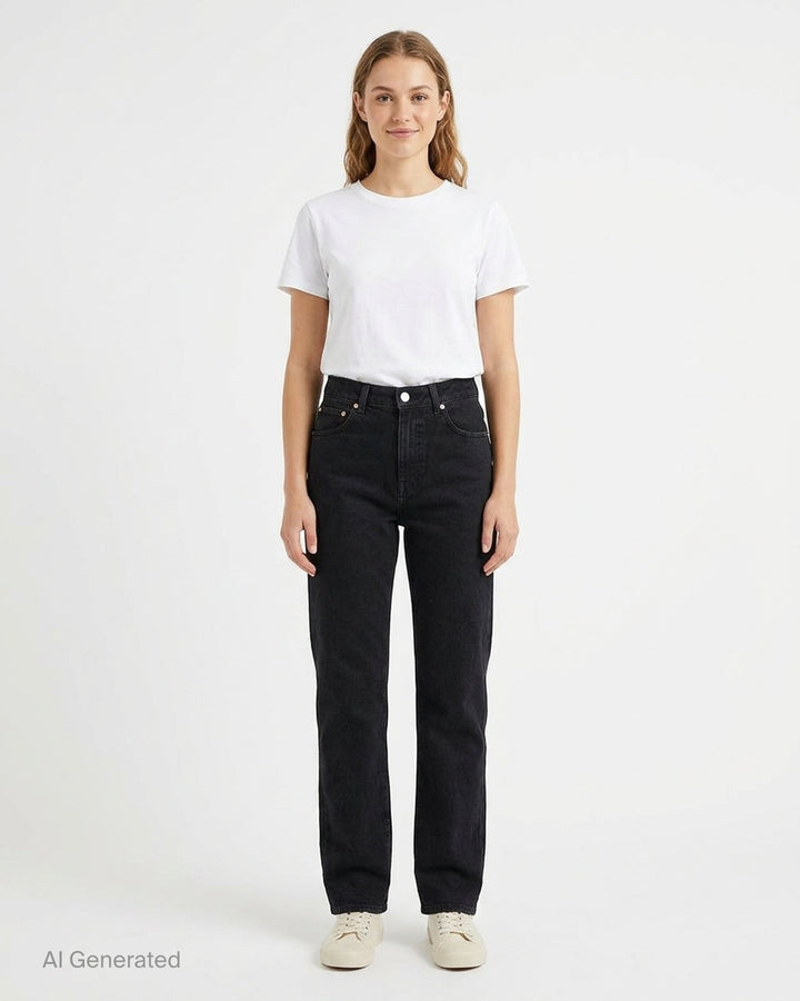 Balmain straight fit black denim jeans shown from the front with five-pocket styling, button closure and copper-tone rivets - front