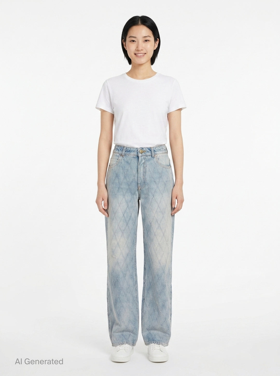 Balmain Straight Quilted Denim Jeans in light blue acid wash with all-over diamond stitching, straight-leg silhouette, and gold-tone hardware - front
