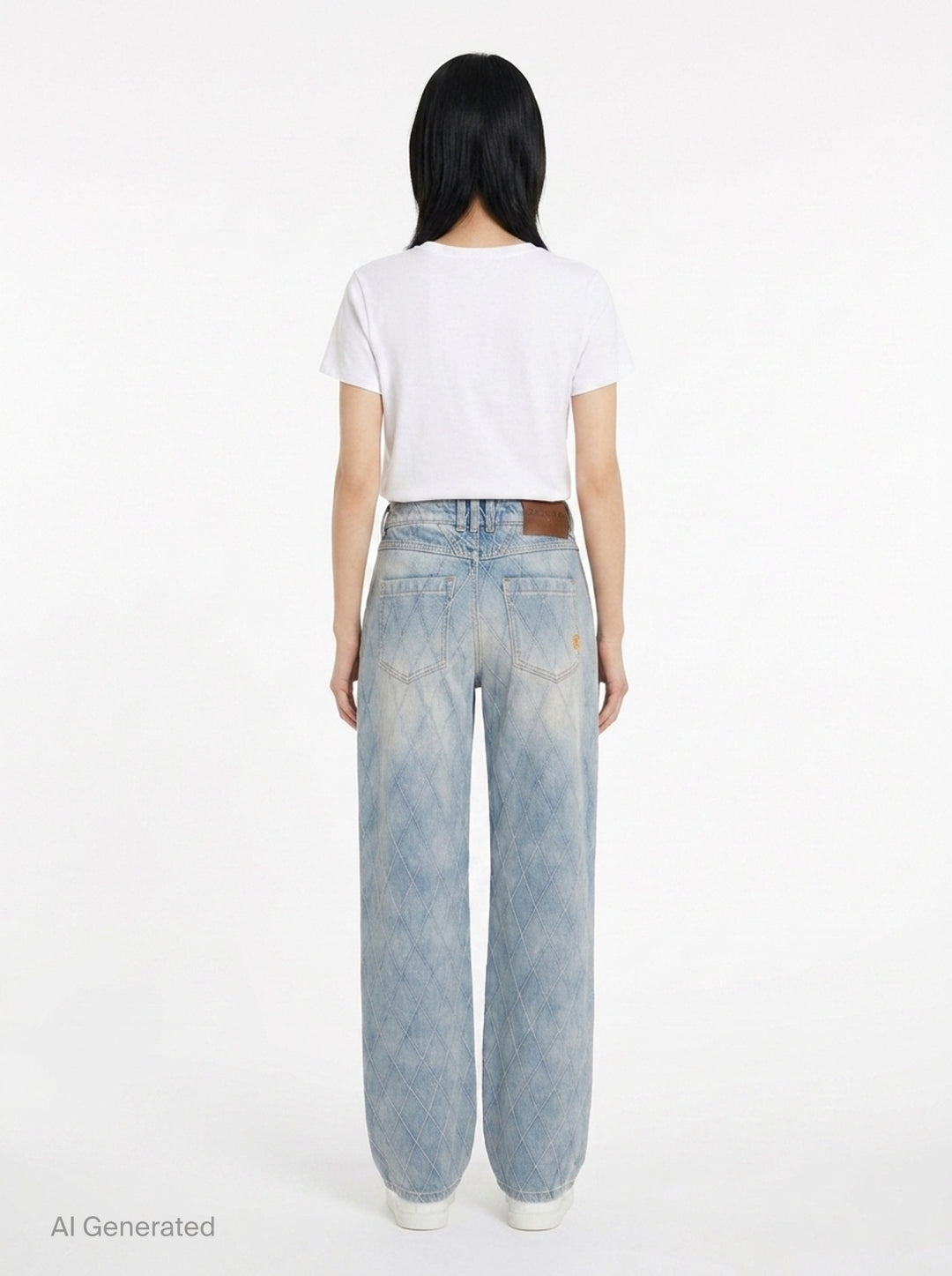 Balmain Straight Quilted Denim Jeans in light blue acid wash with all-over diamond stitching, straight-leg silhouette, and gold-tone hardware - back