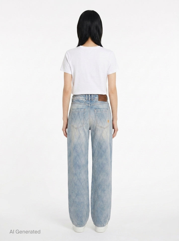 Balmain Straight Quilted Denim Jeans in light blue acid wash with all-over diamond stitching, straight-leg silhouette, and gold-tone hardware - back