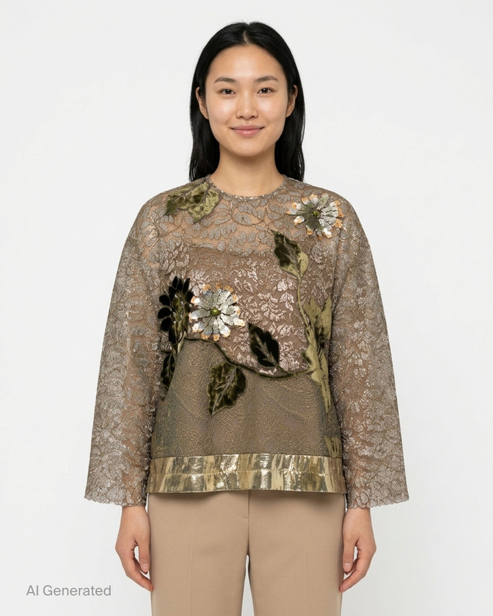 Biyan beaded lace and lamé long sleeve top with sequined floral appliqués, velvet leaf embroidery, and a metallic pleated hem band - front