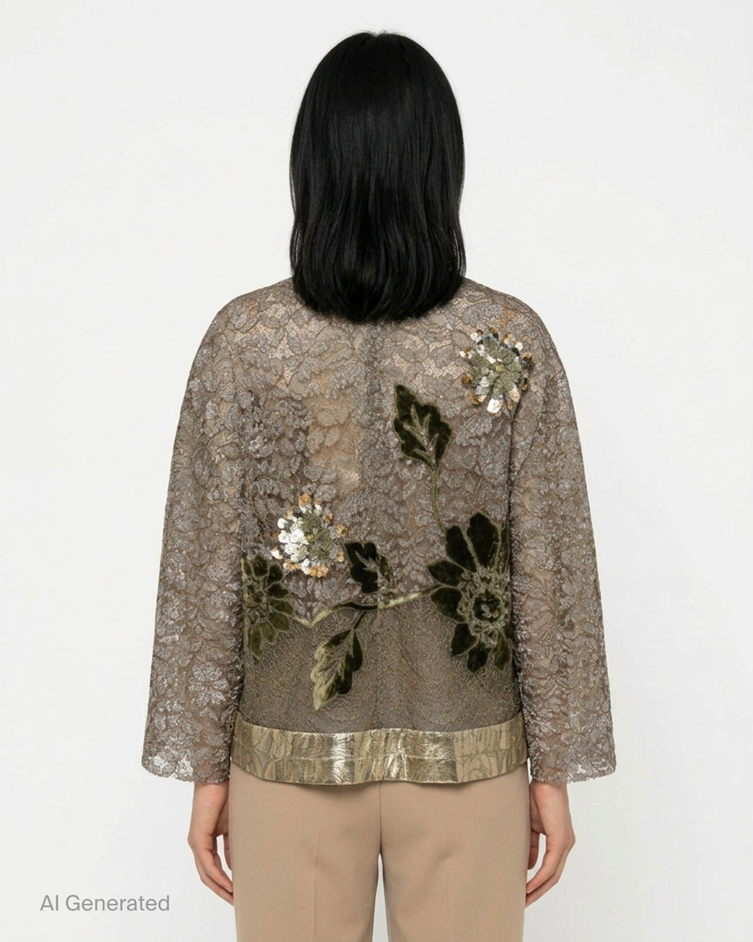Biyan beaded lace and lamé long sleeve top with sequined floral appliqués, velvet leaf embroidery, and a metallic pleated hem band - back