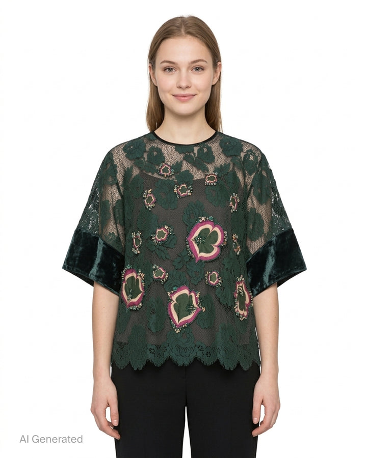 Biyan beaded lace and velvet blouse in deep green, featuring floral lace overlay, jewelled velvet appliqués with crystal embroidery, velvet sleeve panels, crew neck with rear zip, and a scalloped lace hem - front