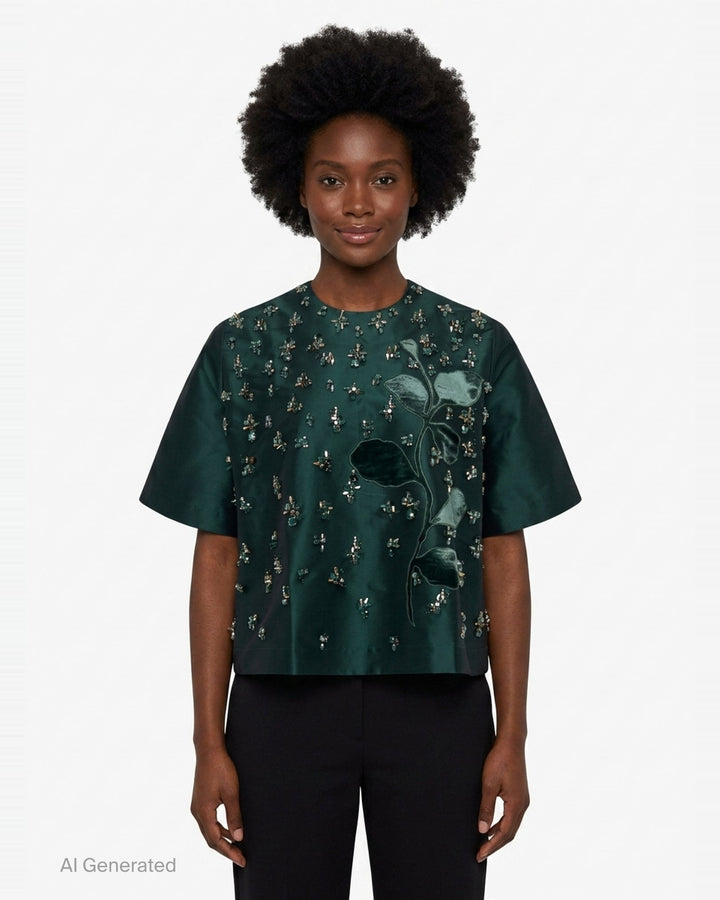 Beaded Taffeta Short Sleeve Top | Biyan | Club21 - front