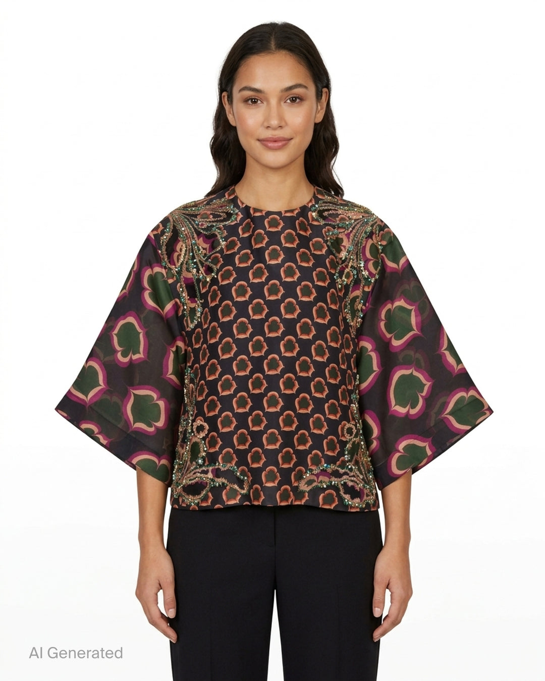 Biyan embellished mix-print organza silk top with contrasting floral medallion body print and oversized bloom kimono sleeves, featuring beaded scrollwork along the shoulder and hem - front