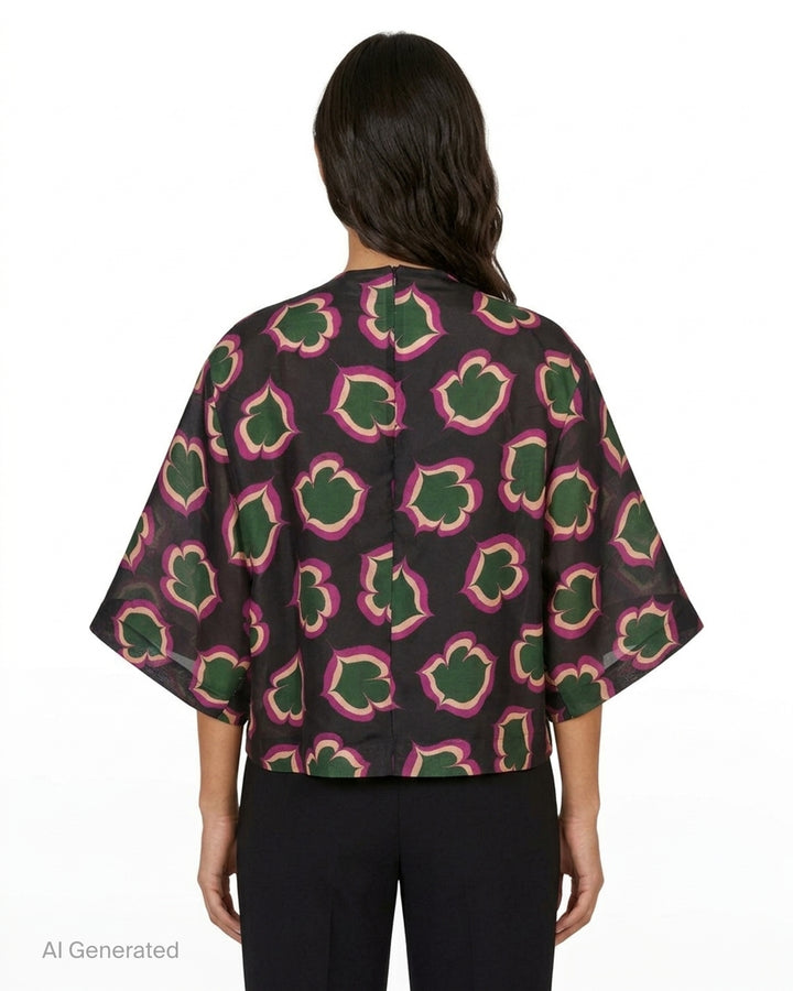 Biyan embellished mix-print organza silk top with contrasting floral medallion body print and oversized bloom kimono sleeves, featuring beaded scrollwork along the shoulder and hem - back
