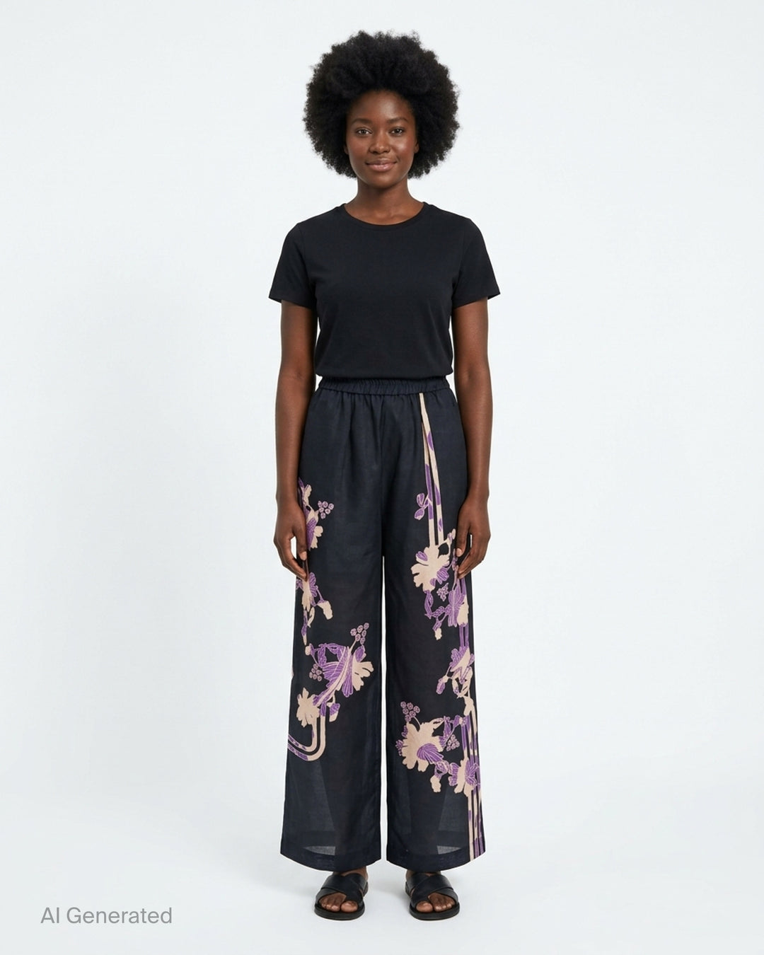 Biyan floral organza silk wide-leg pants in navy with blush and purple botanical print and elasticated waistband - front