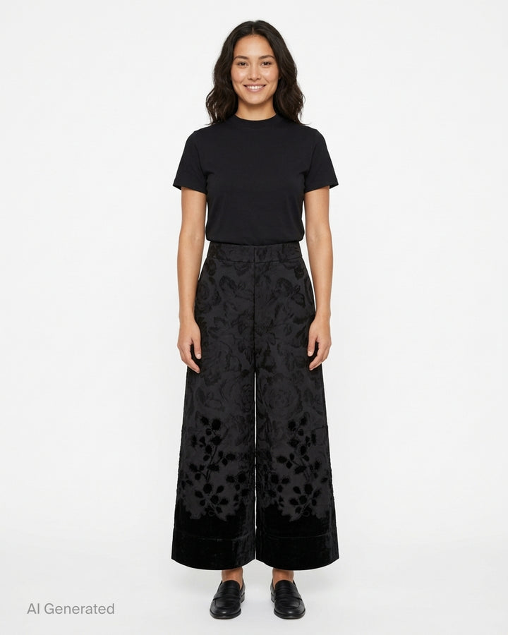 Biyan black lamé jacquard wide leg trousers with all-over rose brocade pattern, broderie anglaise cutwork floral hem border with beaded scallop edging, and velvet cuff finish, photographed flat on a white background - front