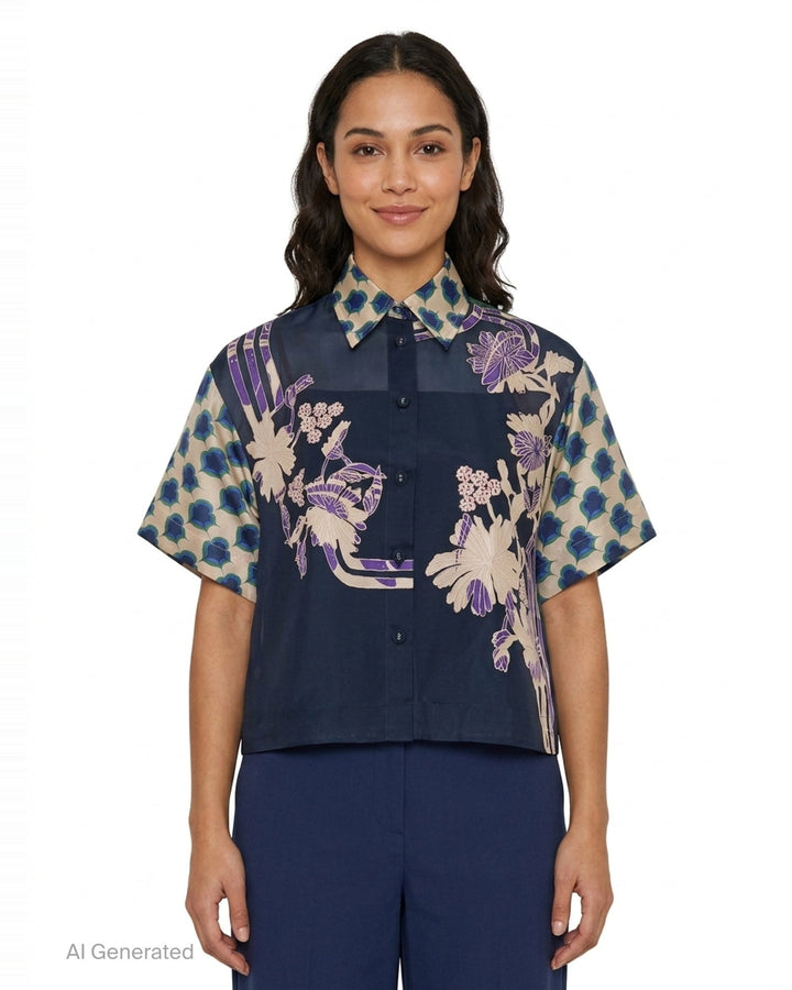 Mix Organza Silk Short Sleeve Blouse | Biyan | Club21 - front