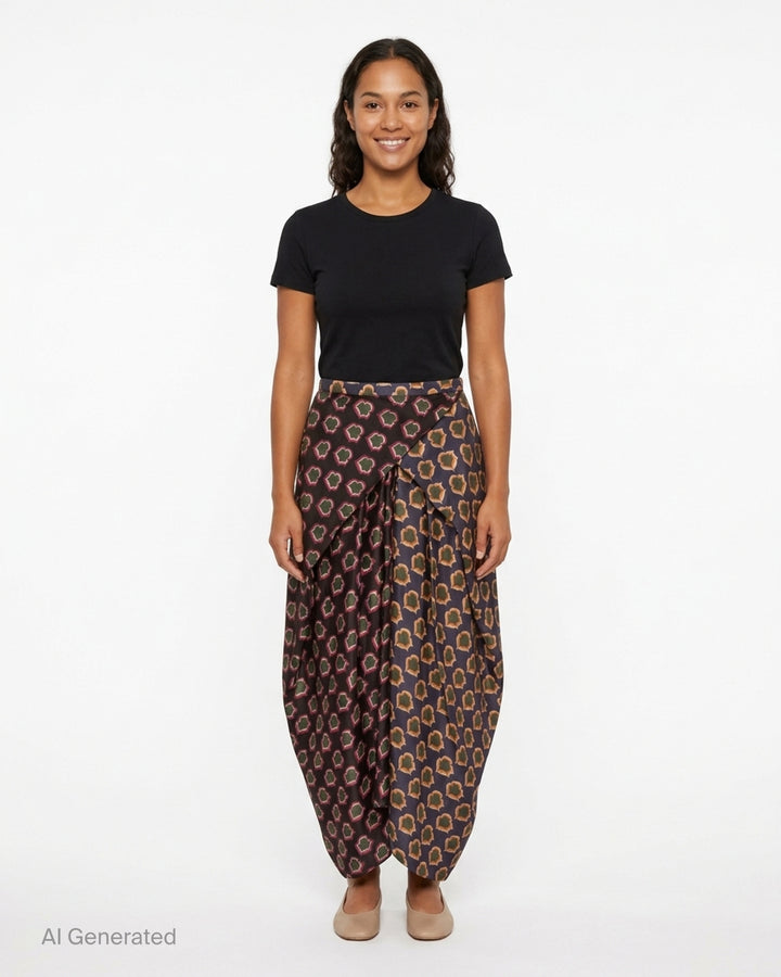 Biyan mix print pleated silk midi skirt with contrasting black magenta and navy amber floral block-print panels and sculptural draped silhouette - front