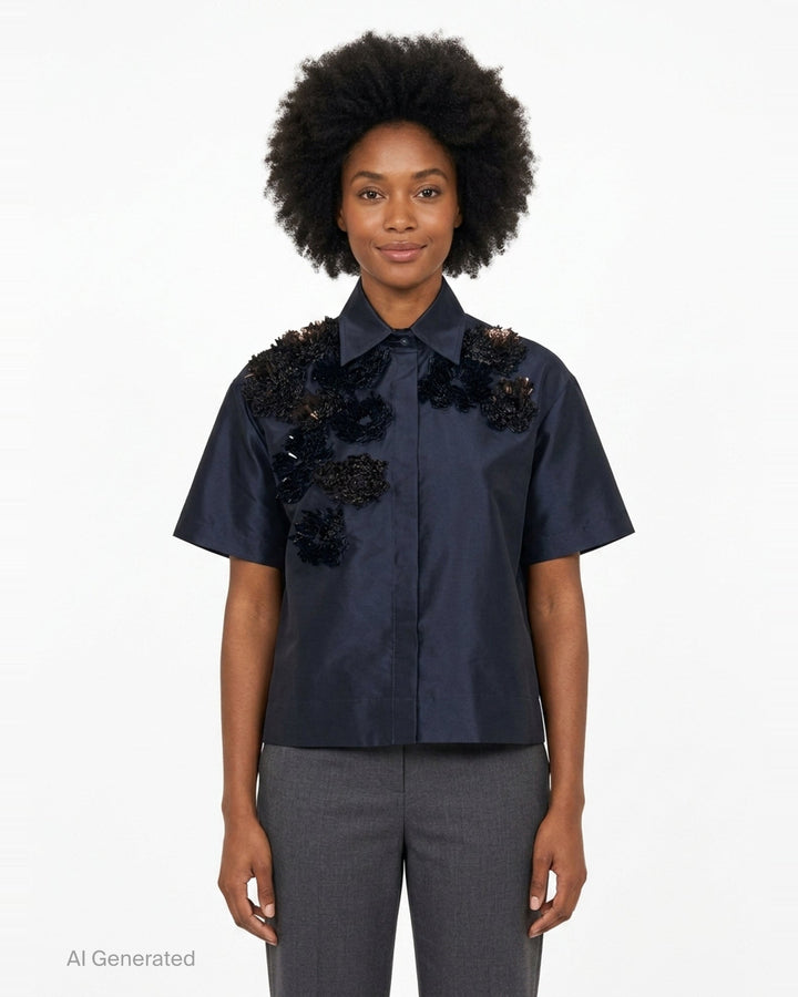 Taffeta Short Sleeve Embellished Shirt | Biyan | Club21 - front