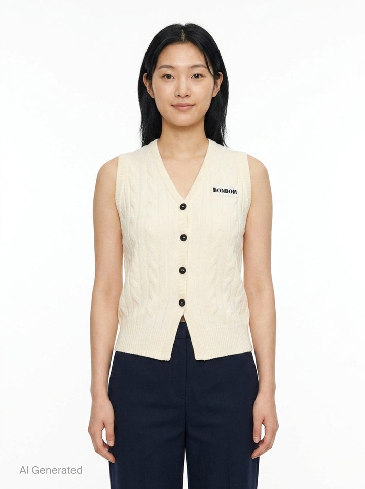 Cable Knit Cardigan Vest | Bonbom | Club21 - front