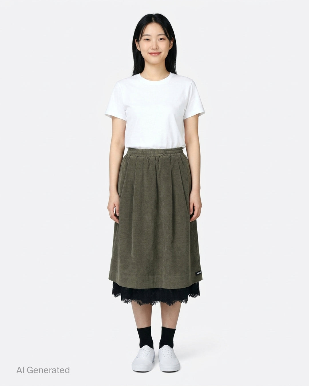Olive green corduroy midi skirt with an elasticated waist and a black lace underskirt layer peeking out at the hem - front