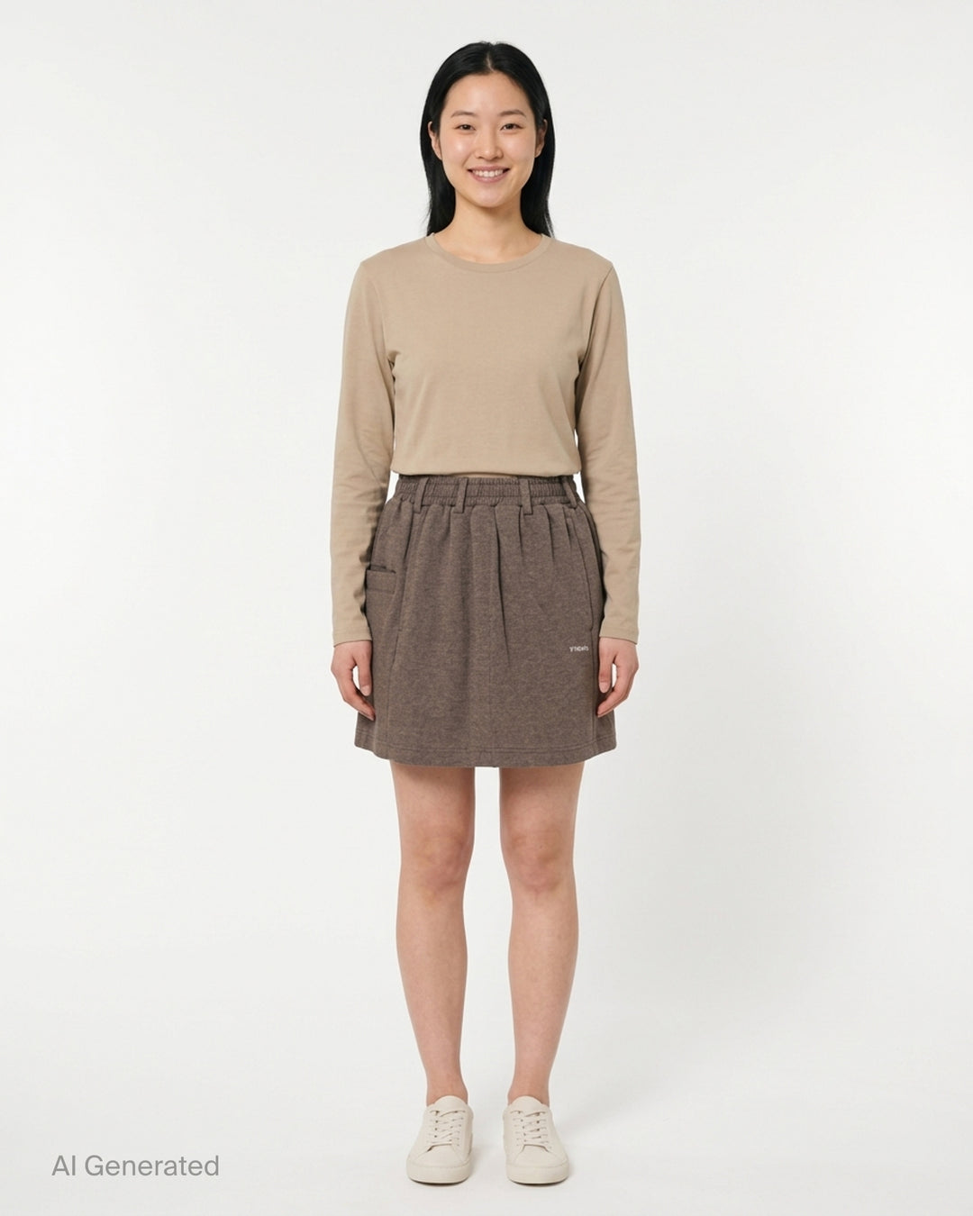 Bonbom heather brown sweat mini skirt with elasticated waist, oversized pocket and embroidered logo - front