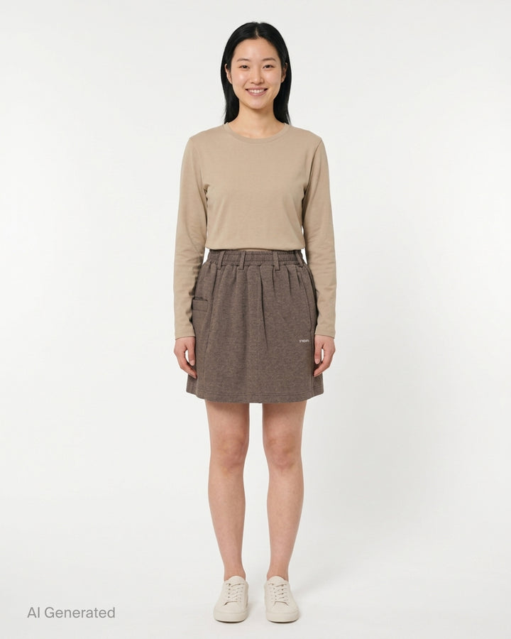 Bonbom heather brown sweat mini skirt with elasticated waist, oversized pocket and embroidered logo - front