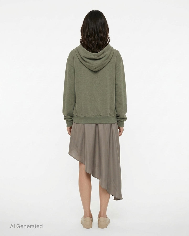 Olive green oversized hoodie layered with a taupe satin slip dress featuring black lace neckline trim and an asymmetric hem - back