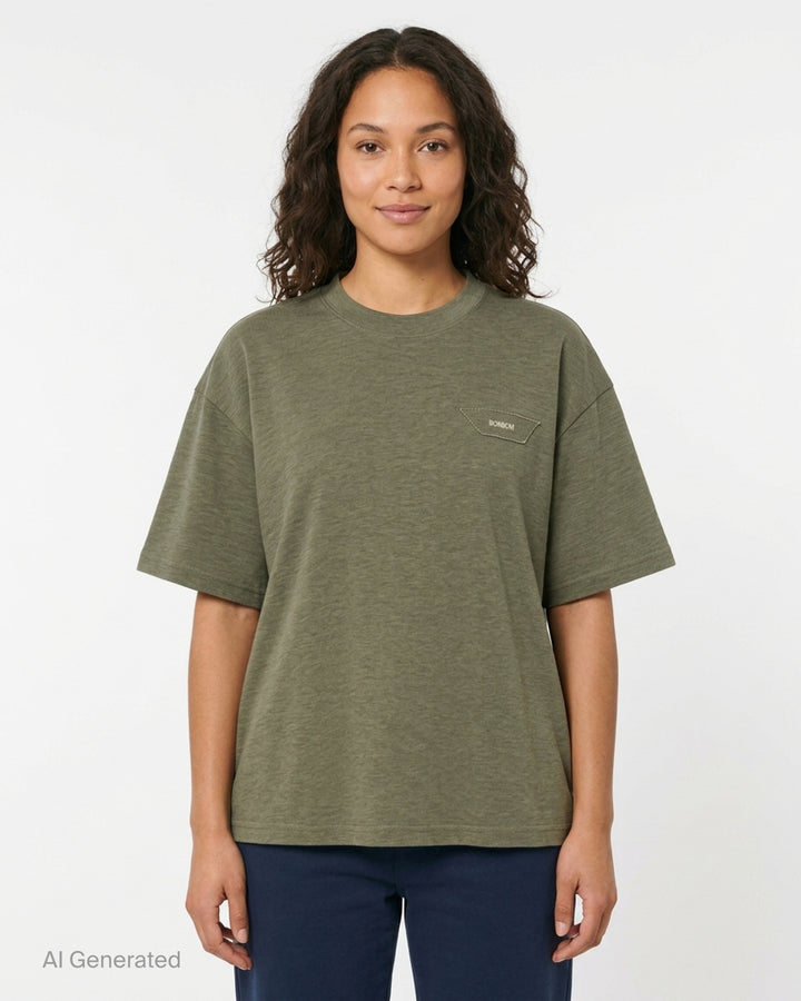 Bonbom olive green heathered oversized t-shirt with a raw-edge trapezoid logo patch at the chest, shown from the front - front