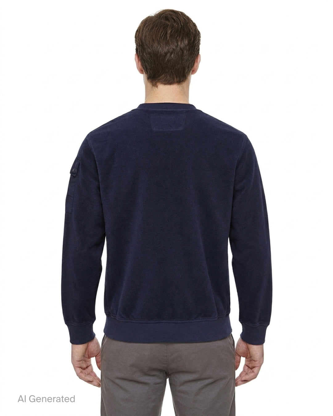 Navy brushed crew neck sweatshirt by C.P. Company with a sleeve utility pocket and signature lens detail - back