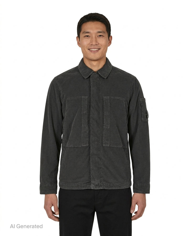 C.P. Company corduroy overshirt in washed charcoal with two large chest pockets and a Lens detail on the sleeve - front