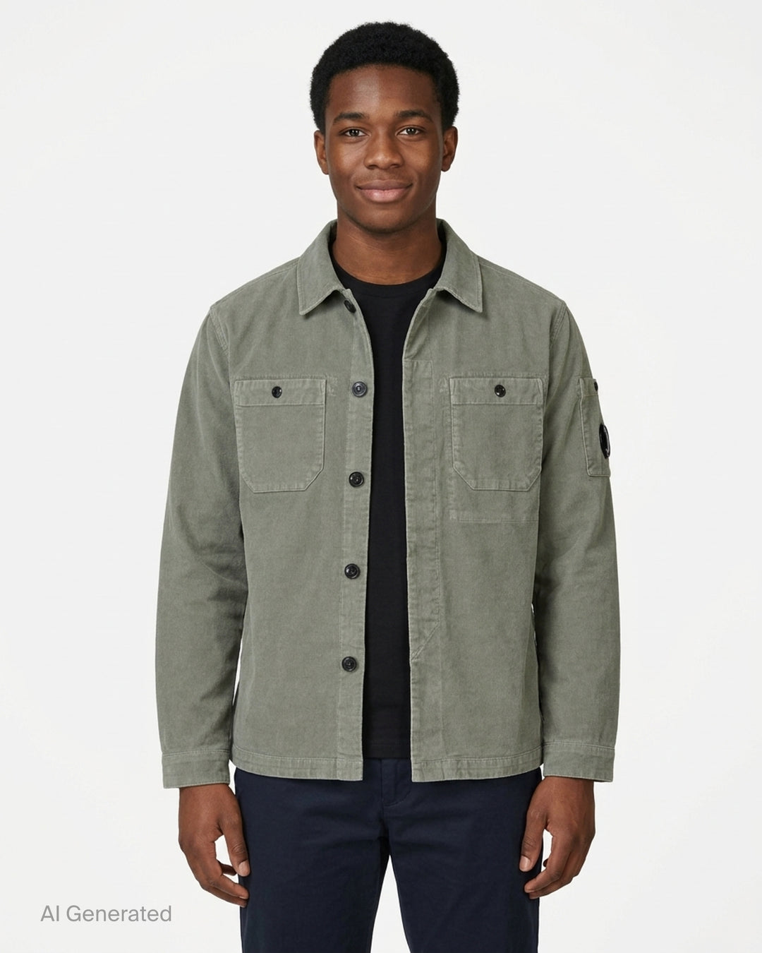 C.P. Company sage green corduroy overshirt with chest pockets, concealed button placket and lens detail on the sleeve - front