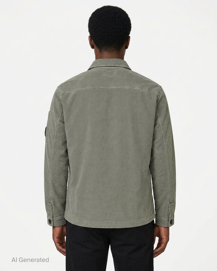 C.P. Company sage green corduroy overshirt with chest pockets, concealed button placket and lens detail on the sleeve - back