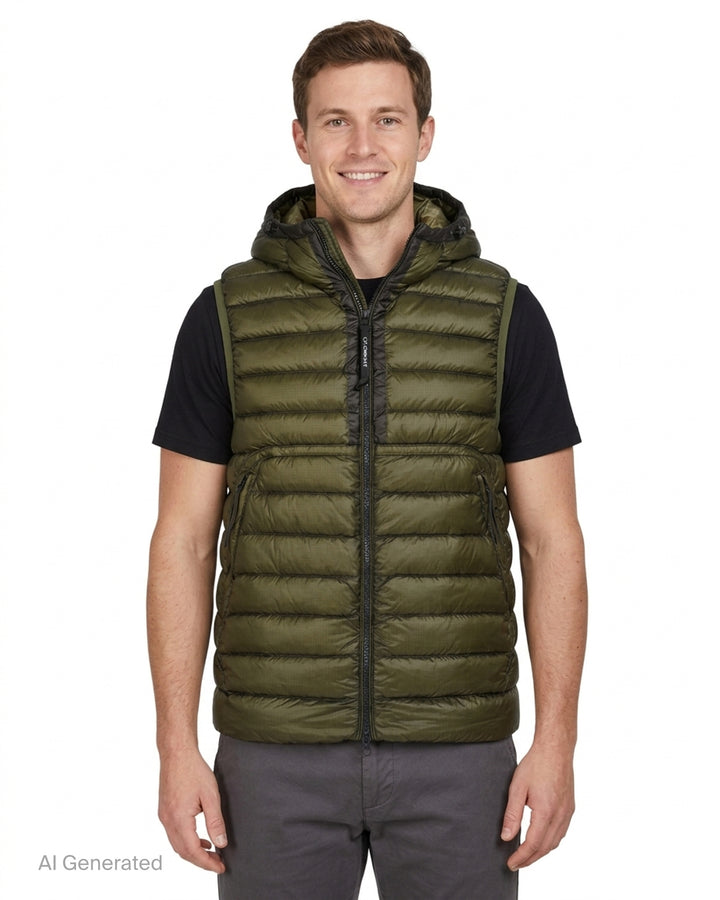 C.P. Company D.D. Shell Goggle Down Gilet in black with quilted channels, hood and zip front - front