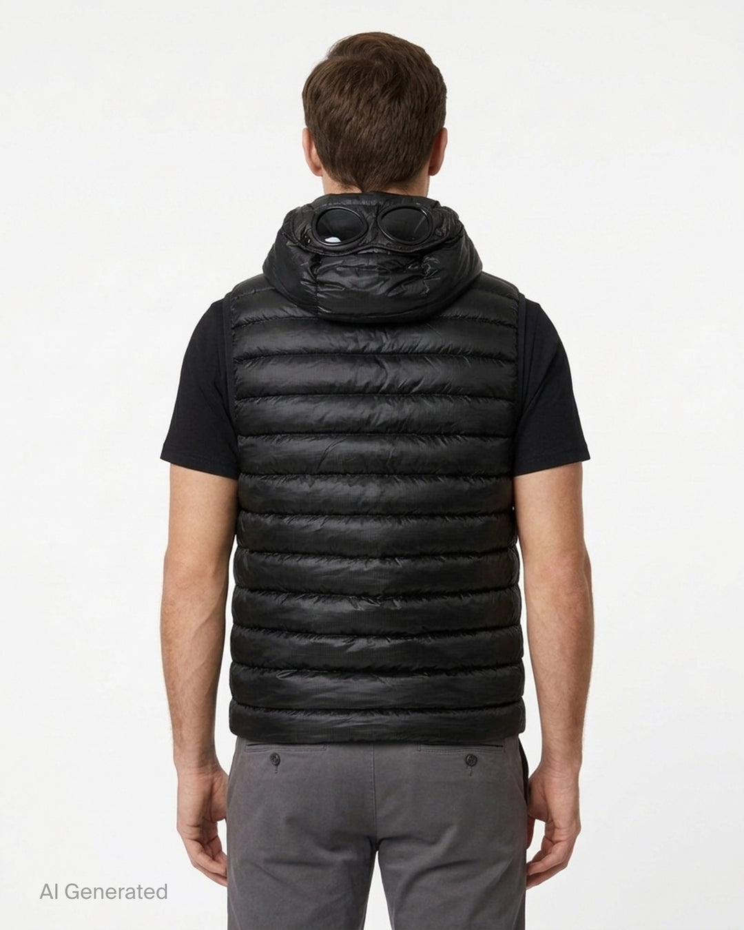 C.P. Company D.D. Shell Goggle Down Gilet in black with quilted channels, hood and zip front - back