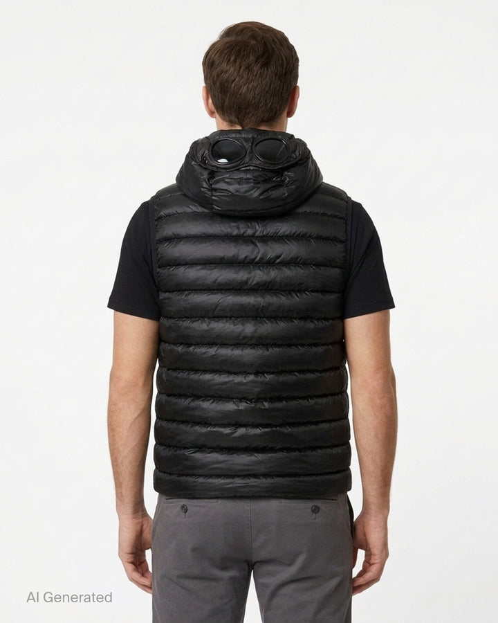 C.P. Company D.D. Shell Goggle Down Gilet in black with quilted channels, hood and zip front - back