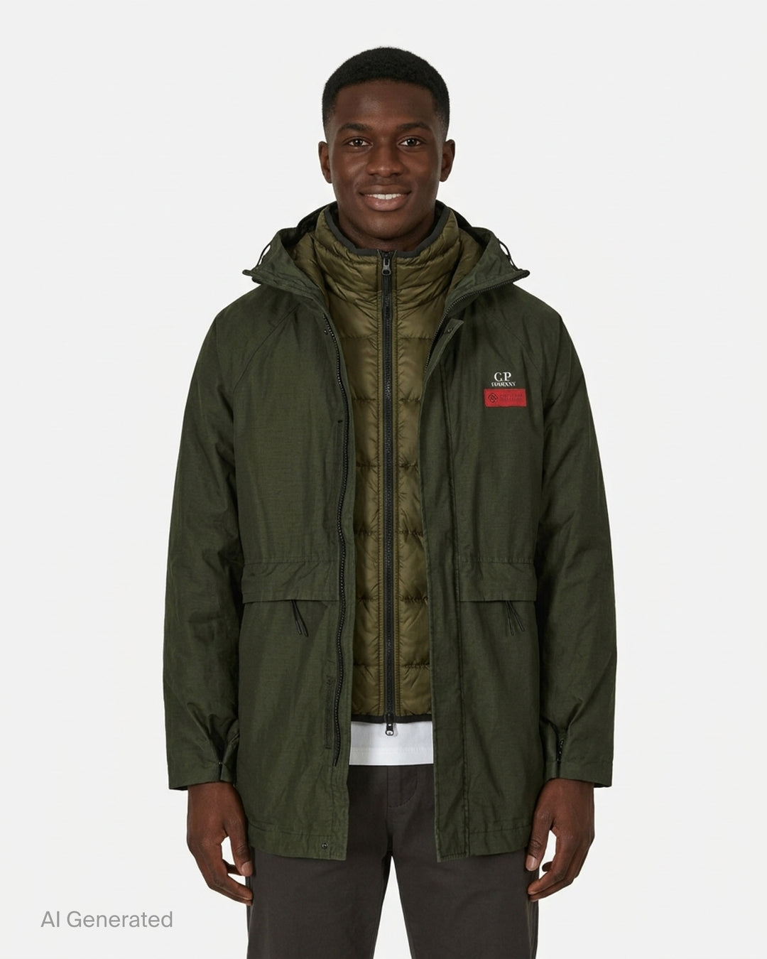 C.P. Company olive green ripstop hooded jacket with quilted inner layer, drawcord waist and chest Windstopper label - front